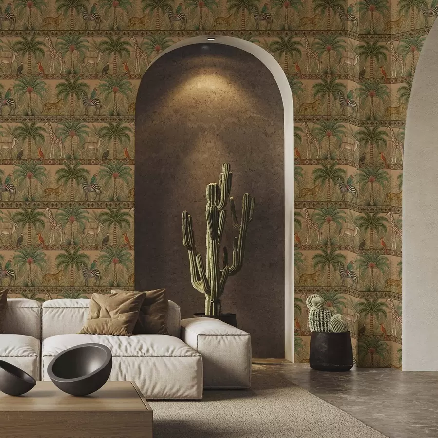 Fototapeta Ozdobne zwierzęta sawanny między palmami i obramowaniami a00898