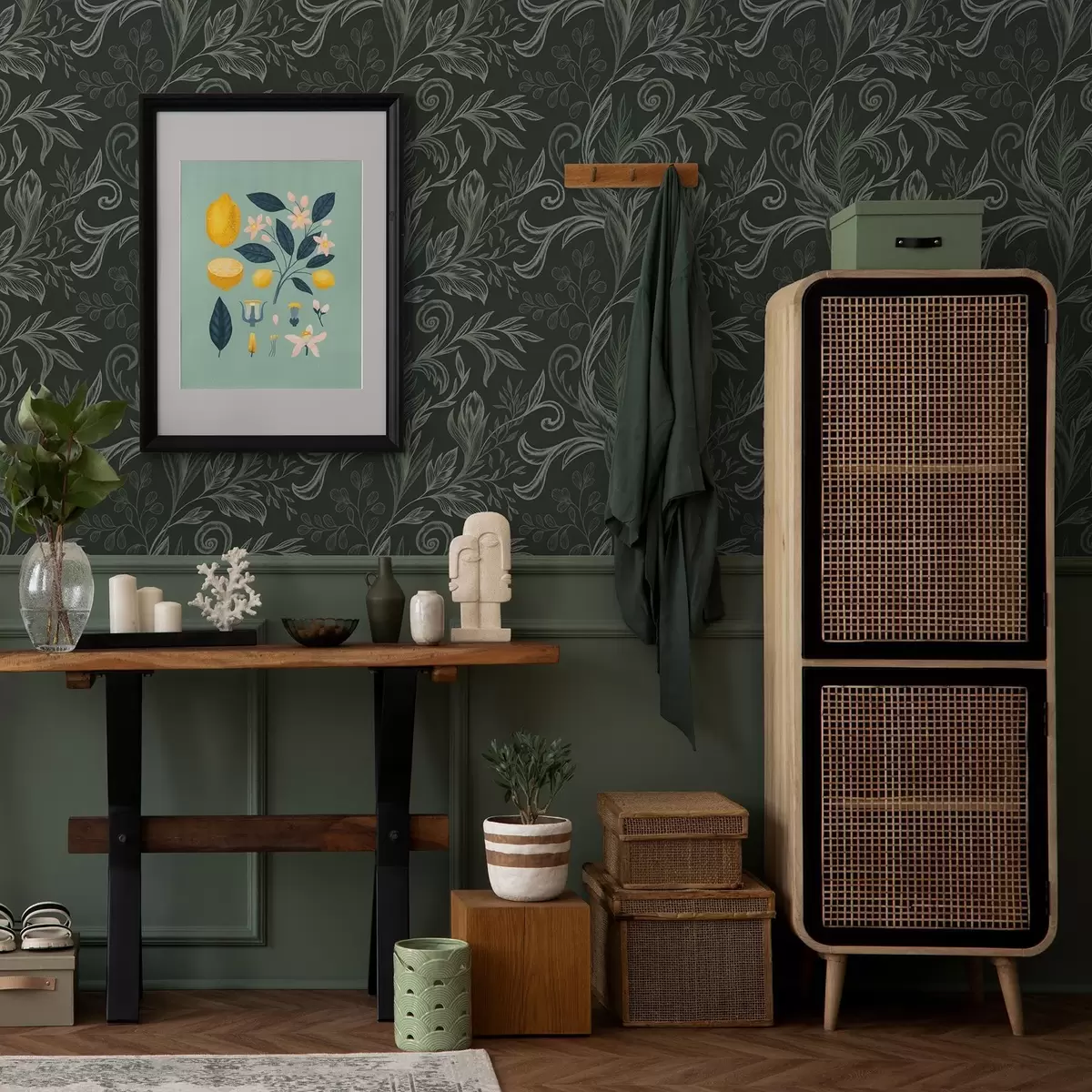 Tapeta Głębokie lasy o zawiniętych liściach w kredowych odcieniach zieleni a00935v2