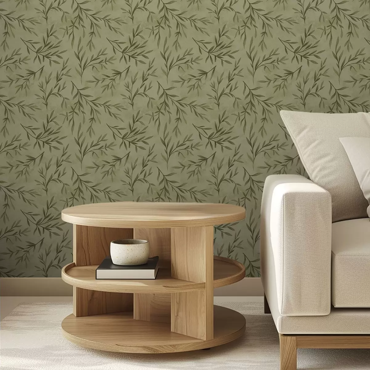 Tapeta Gałązki oliwki na stonowanym żółto-zielonym tle z fakturą a00936