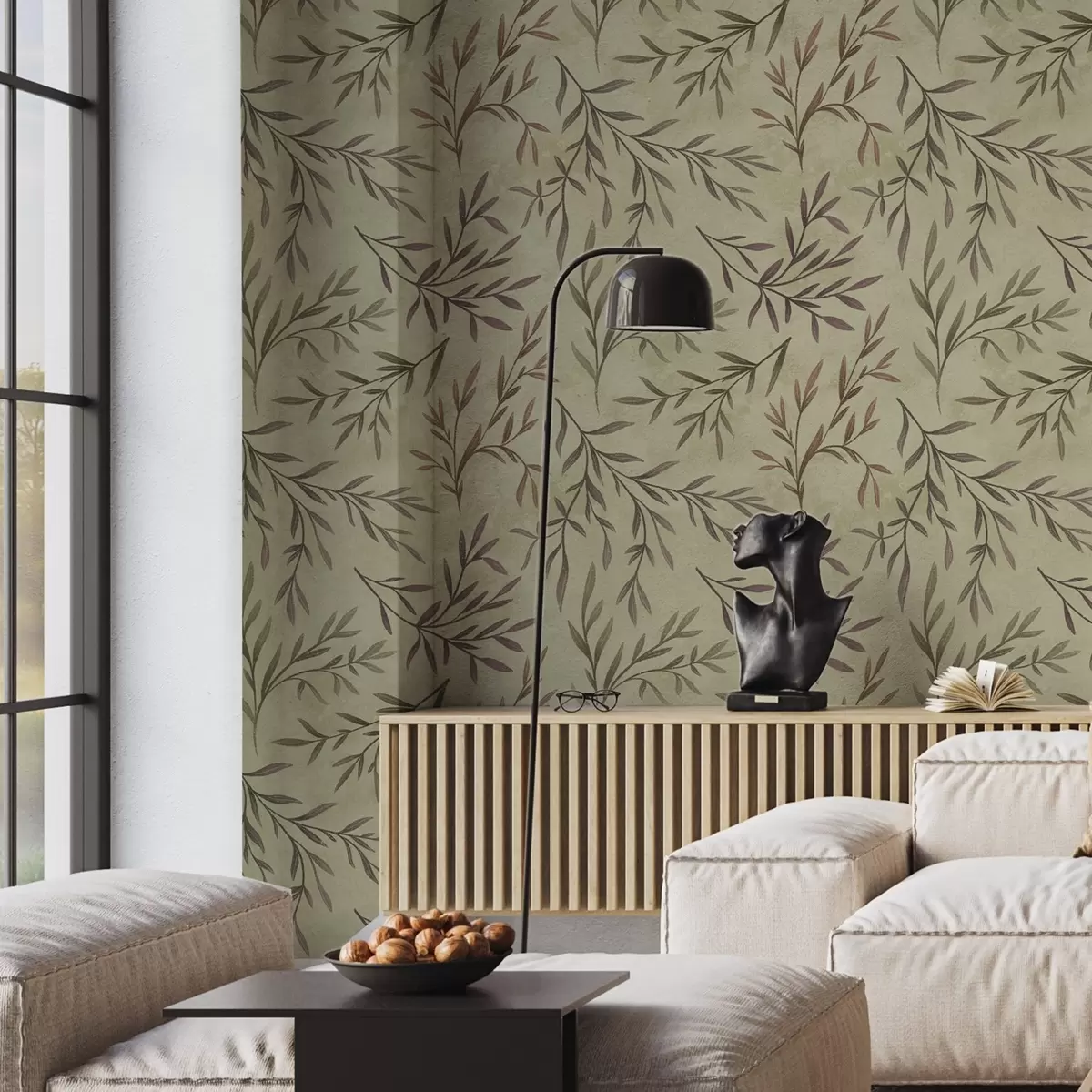 Tapeta Liliowe i zielone gałęzie z liśćmi na ciepłym tle a00936v4