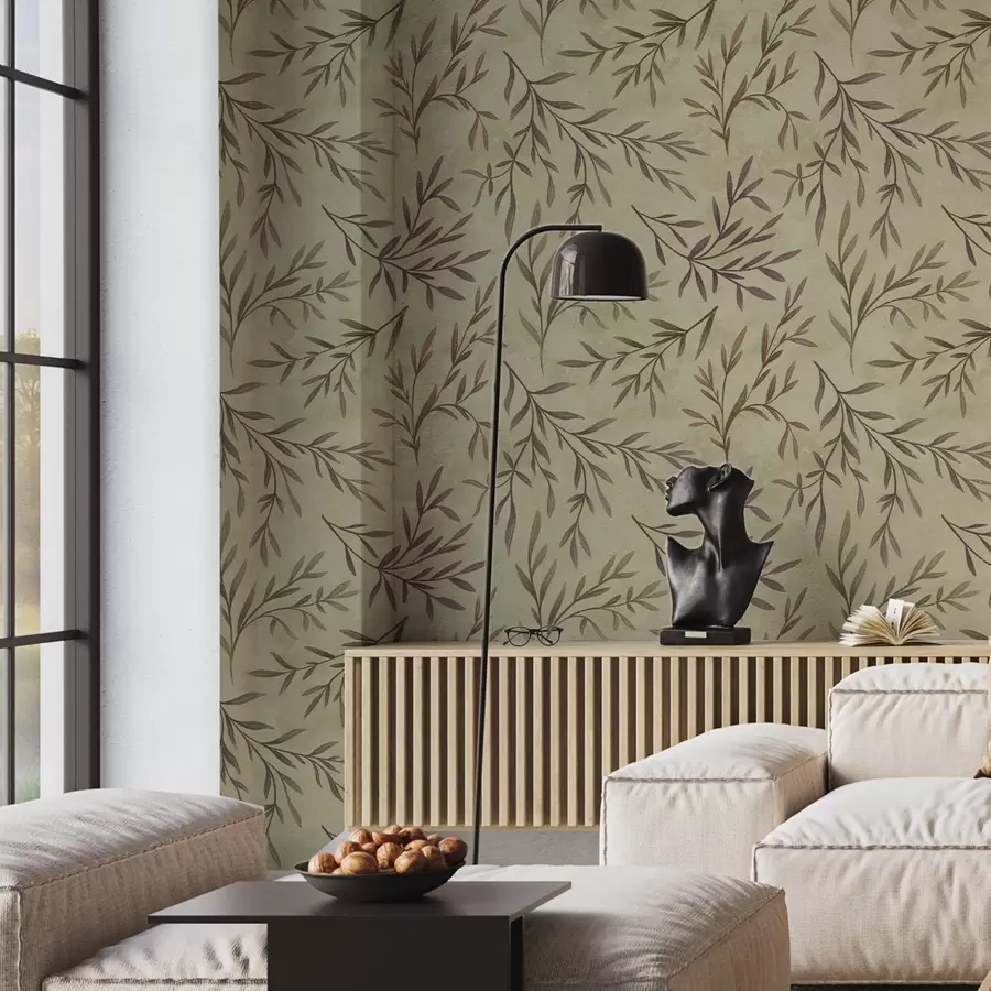 Fototapeta Liliowe i zielone gałęzie z liśćmi na ciepłym tle a00936v4