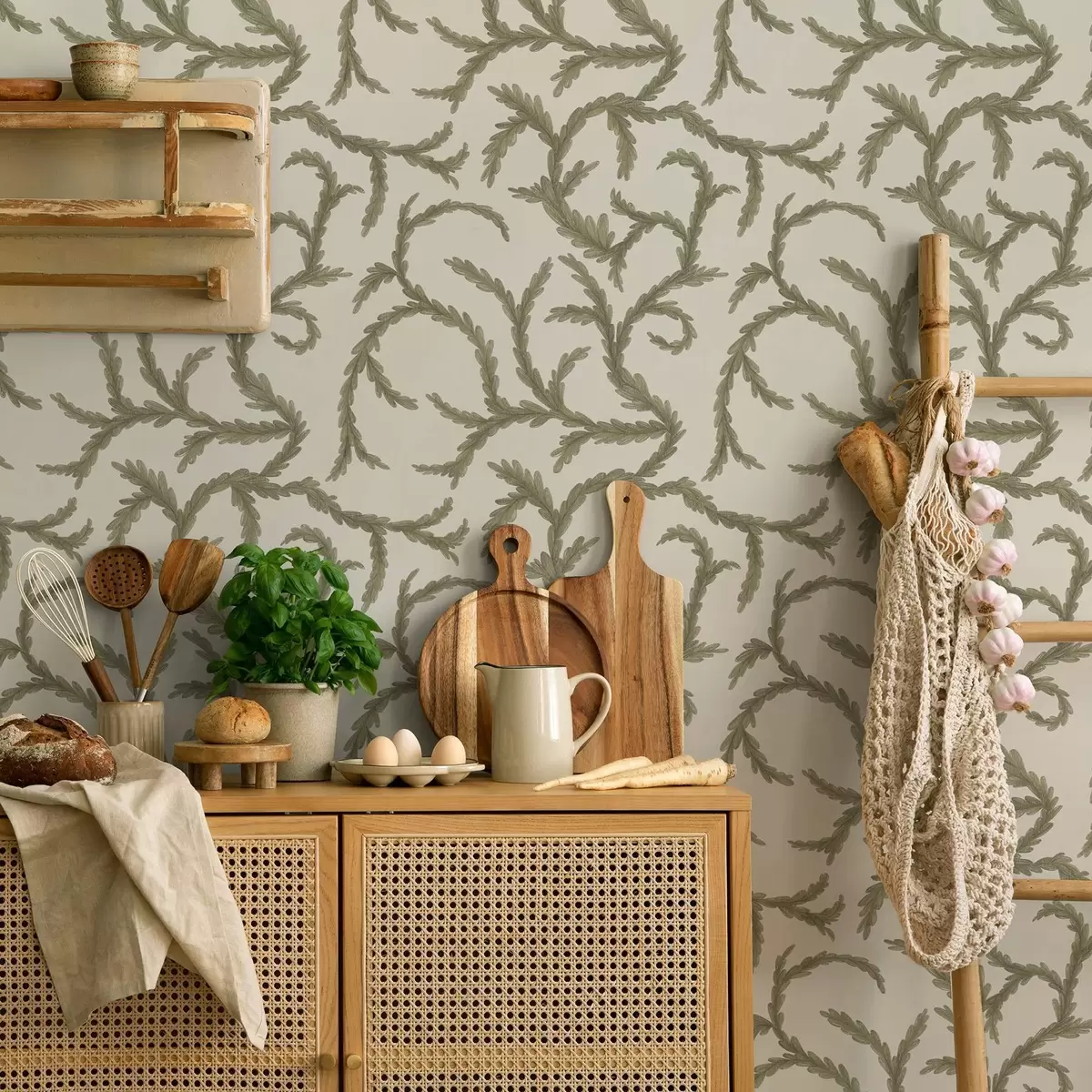 Tapeta Delikatne zielone igły sosny na jasnym tle a00938