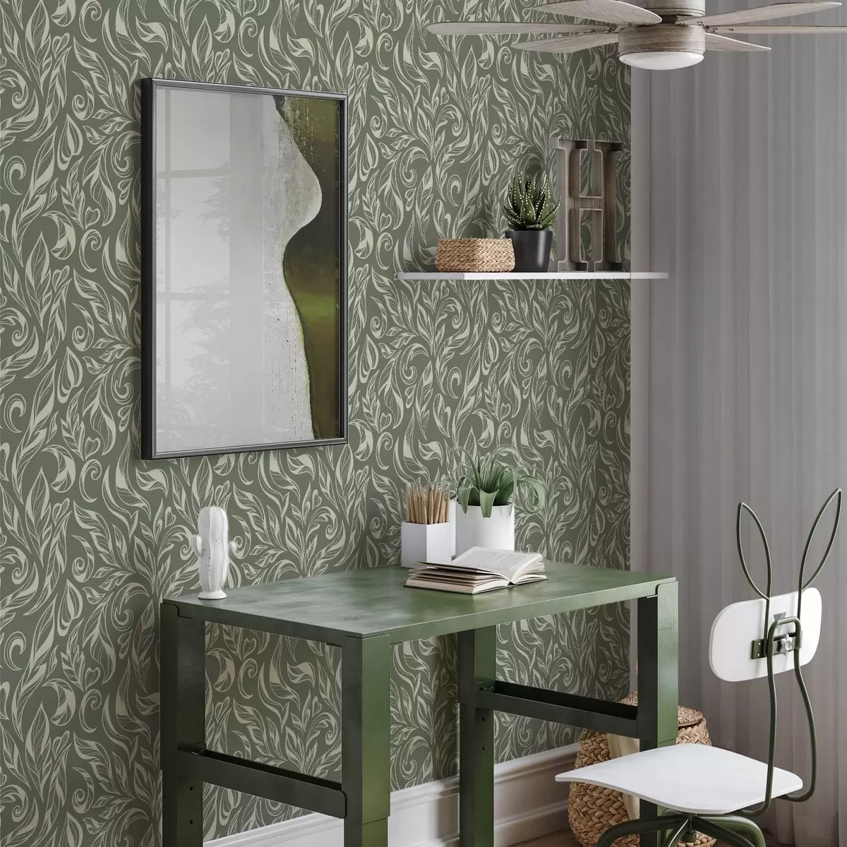 Tapeta Kremowa liściasta ozdoba na zielonkawo-szarym tle a00940v2