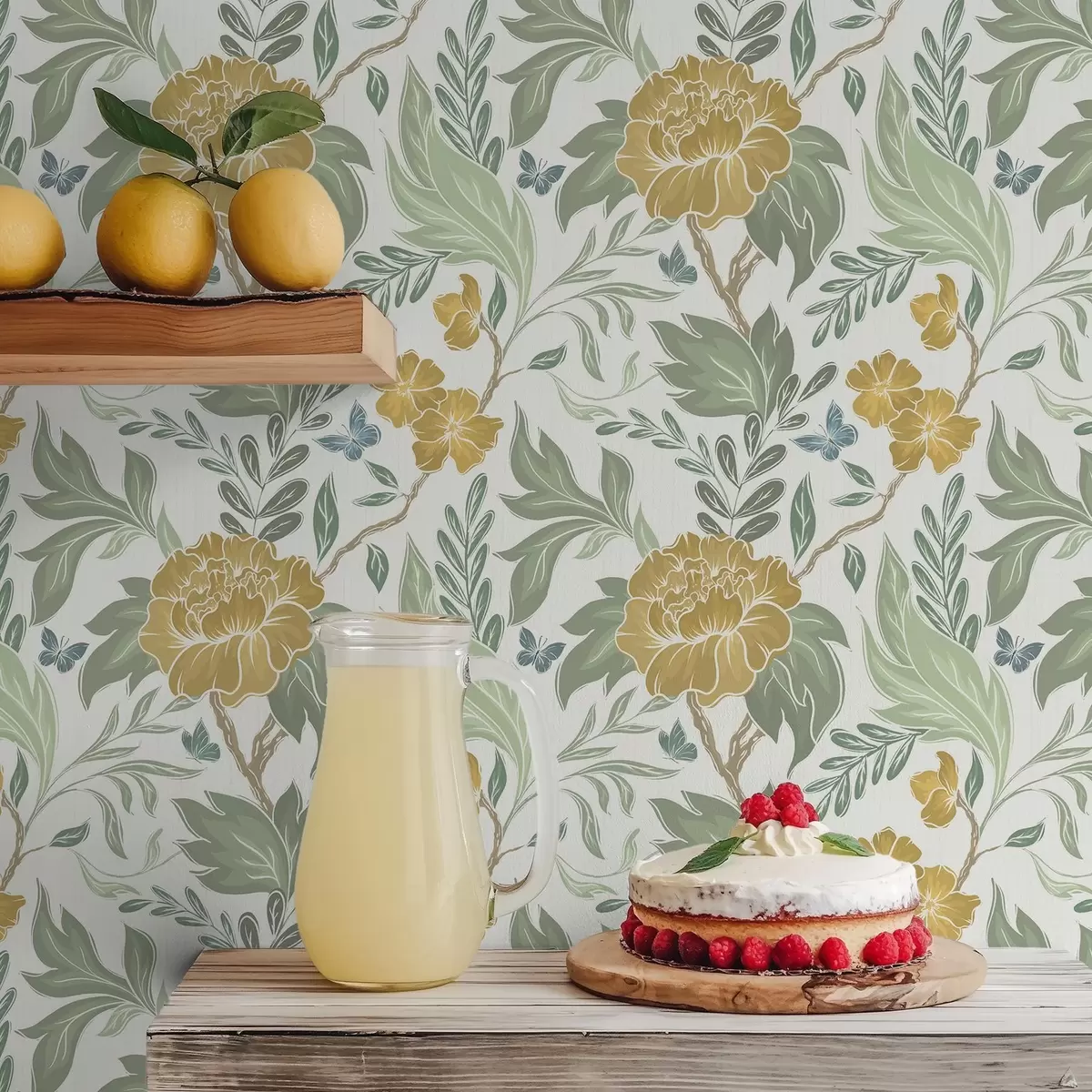 Tapeta Duże żółte piwonie i zieleń na jasnym tle a00941