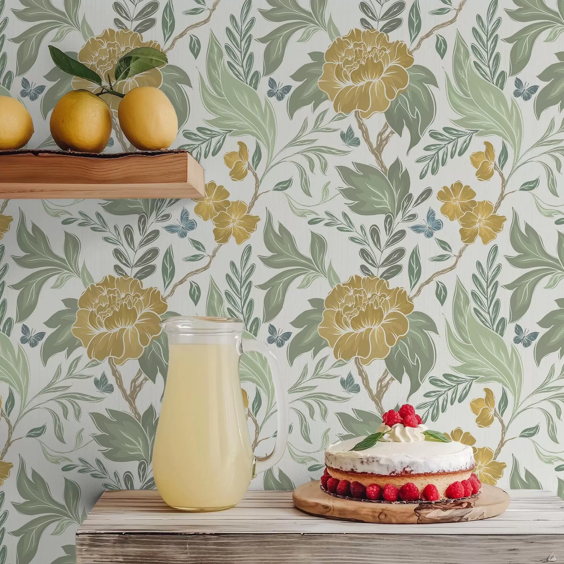 Fototapeta Duże żółte piwonie i zieleń na jasnym tle a00941