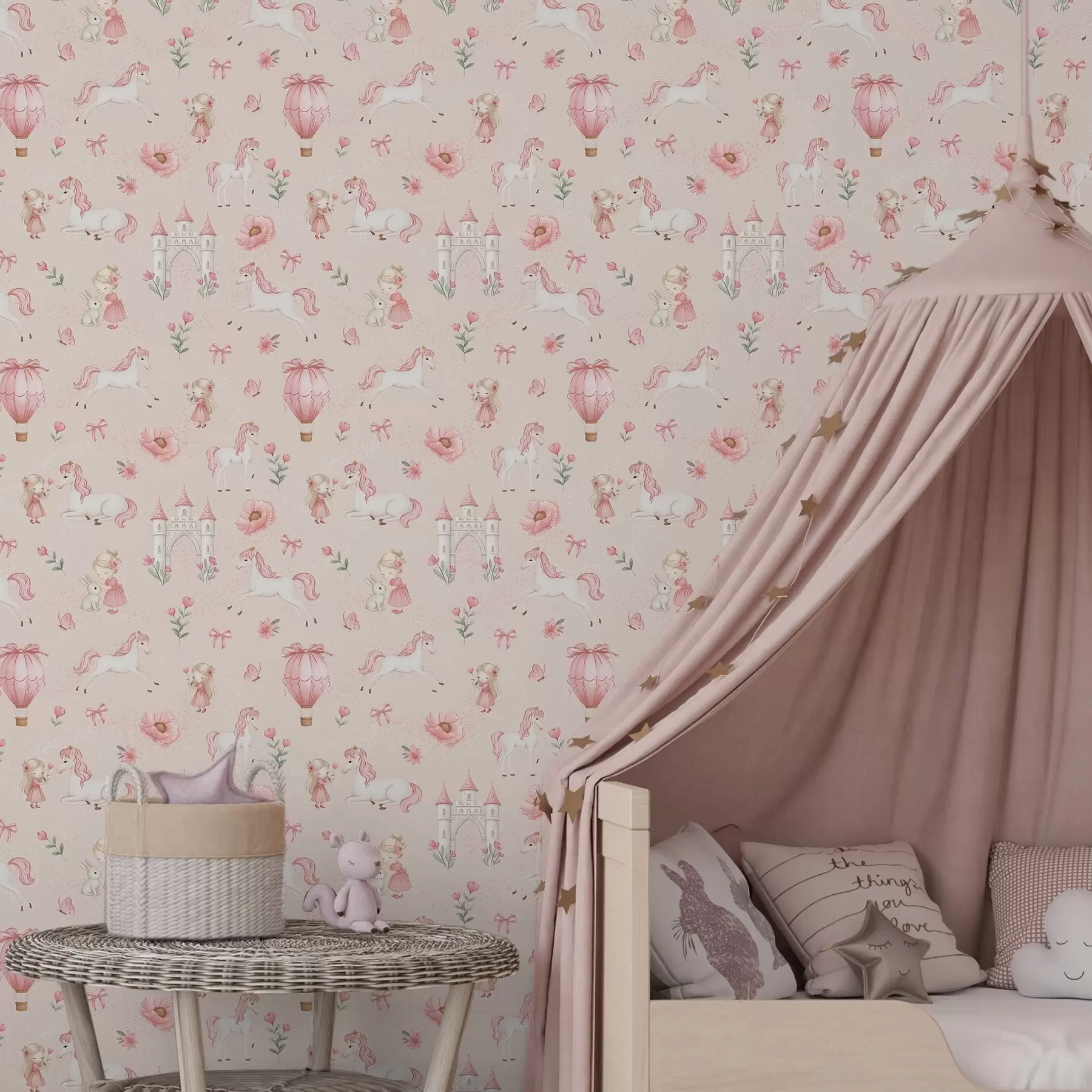 Fototapeta Różowe jednorożce, małe dziewczynki i zamek na delikatnym tle a00957