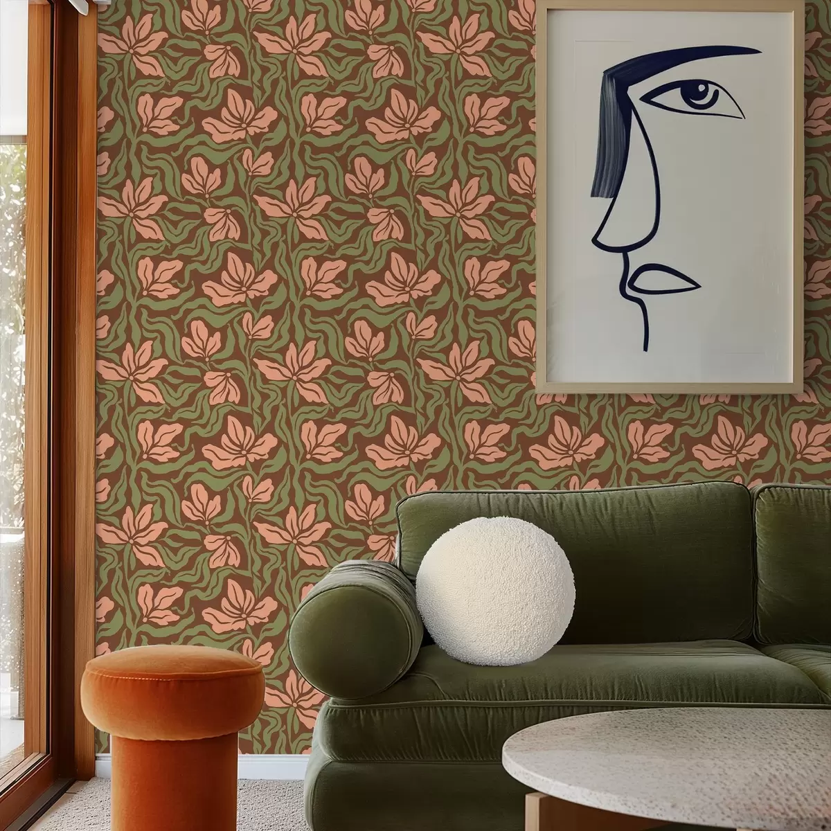 Tapeta Kwiaty brzoskwini i zieleń na ciemnobrązowym tle a00958v2