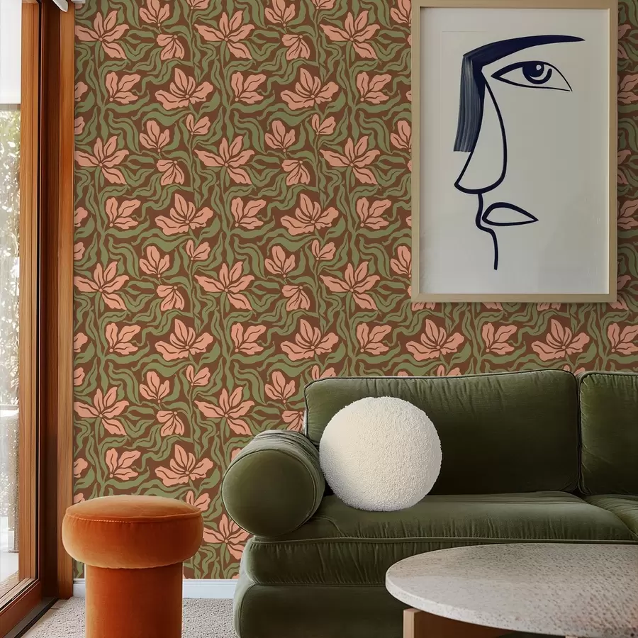 Fototapeta Kwiaty brzoskwini i zieleń na ciemnobrązowym tle a00958v2