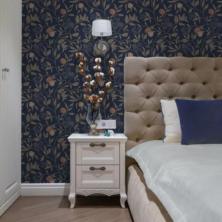 Fototapeta Niebieski ogród z gałęziami, owocami i drobnymi kwiatami a00959