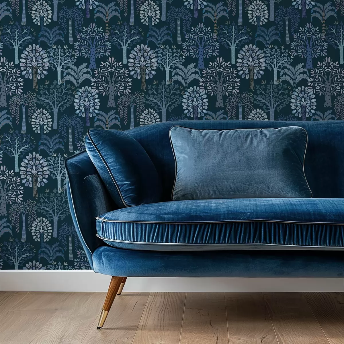 Tapeta Nocny las z dekoracyjnymi drzewami w odcieniach niebieskiego a00960v2