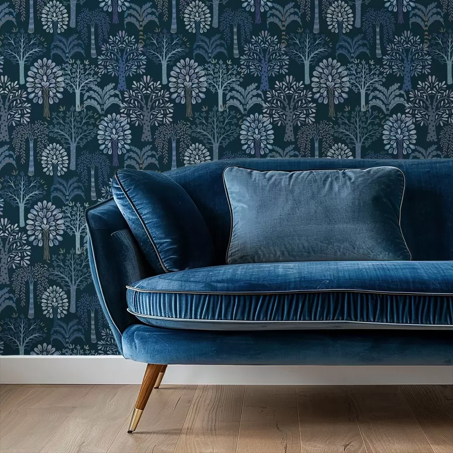 Fototapeta Nocny las z dekoracyjnymi drzewami w odcieniach niebieskiego a00960v2