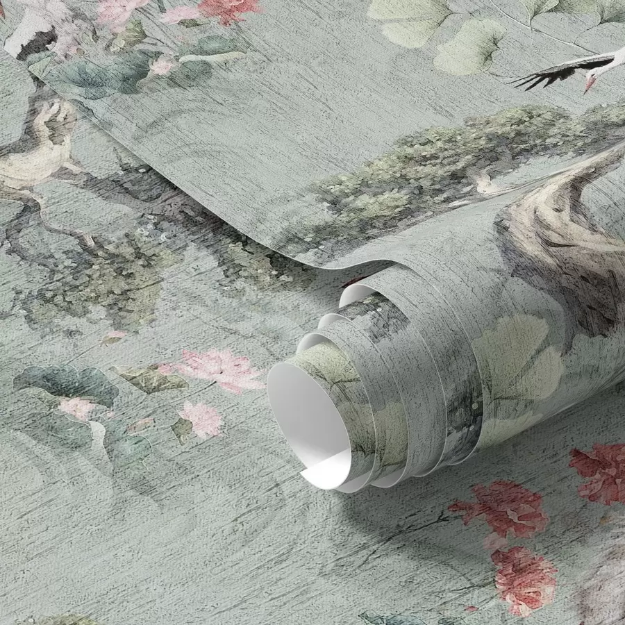 Fototapeta Żurawie wśród sosen i lotosów na spokojnym zielonym tle a00962