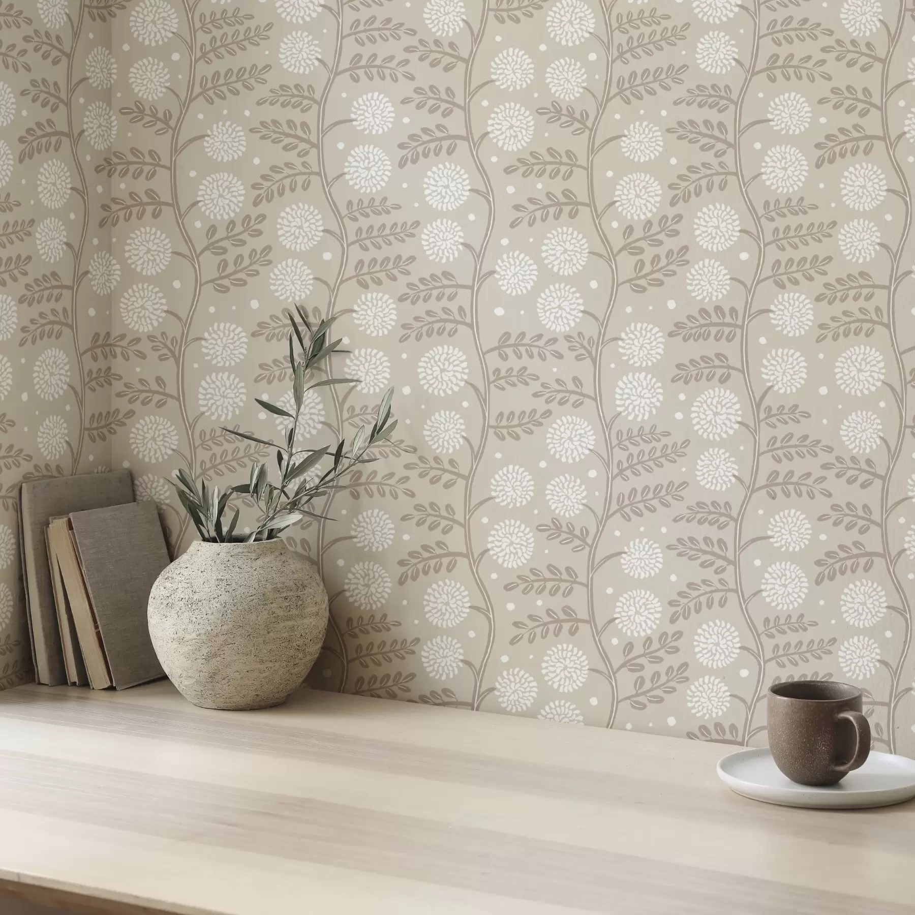 Fototapeta Beżowe łodygi z białymi puszystymi kwiatami i delikatnymi kropkami a00997