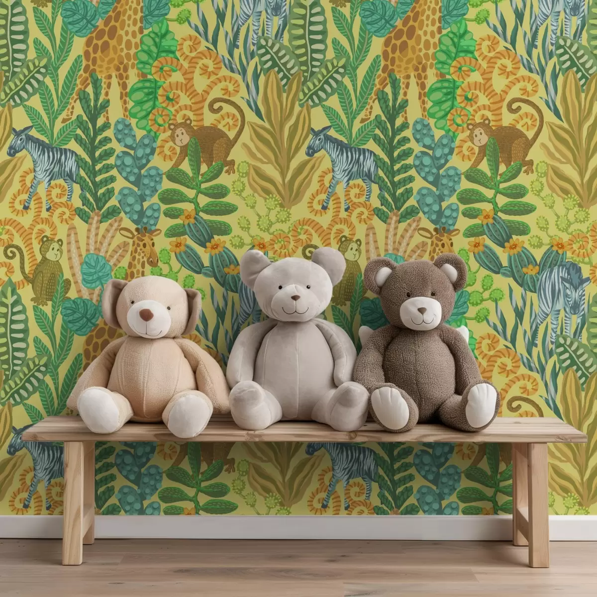 Tapeta Żyrafa, zebra i małpa na jasnożółtej sawannie a01000v1