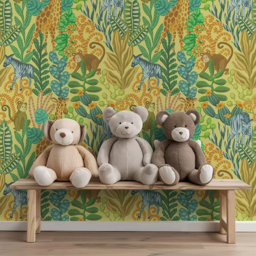 Fototapeta Żyrafa, zebra i małpa na jasnożółtej sawannie a01000v1