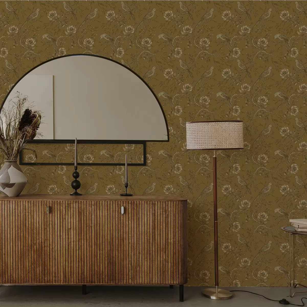 Tapeta Vintage ptaki i kwiaty na ciepłym oliwkowym tle a01022v1