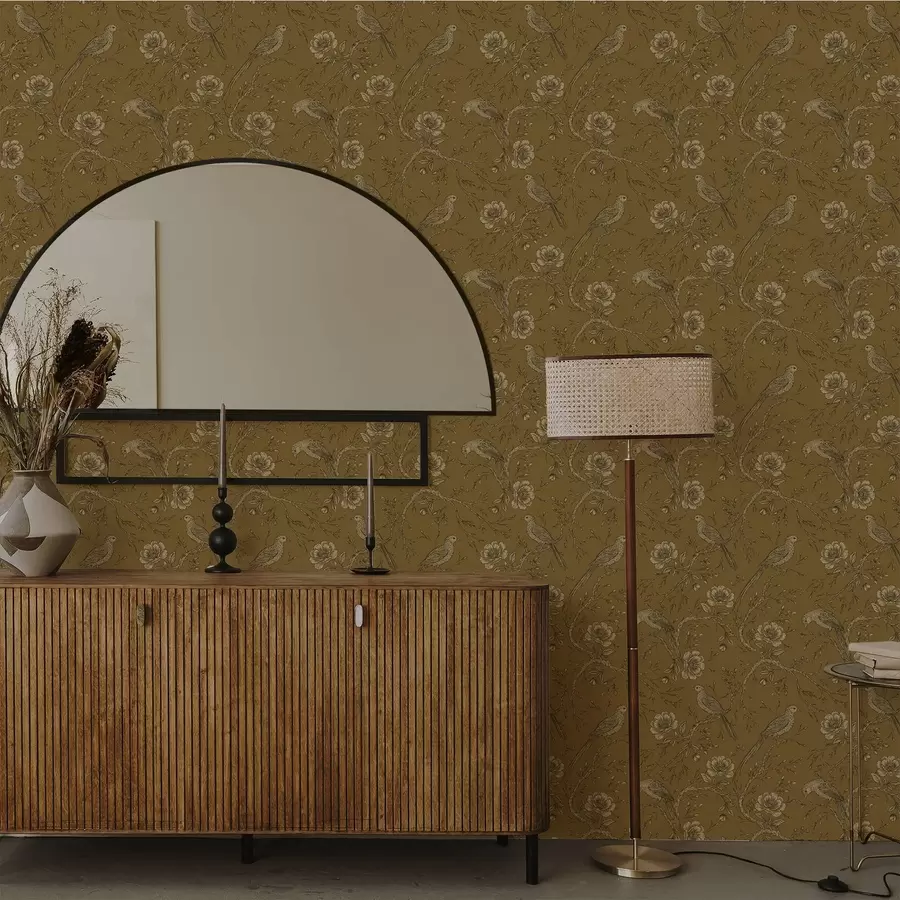 Fototapeta Vintage ptaki i kwiaty na ciepłym oliwkowym tle a01022v1