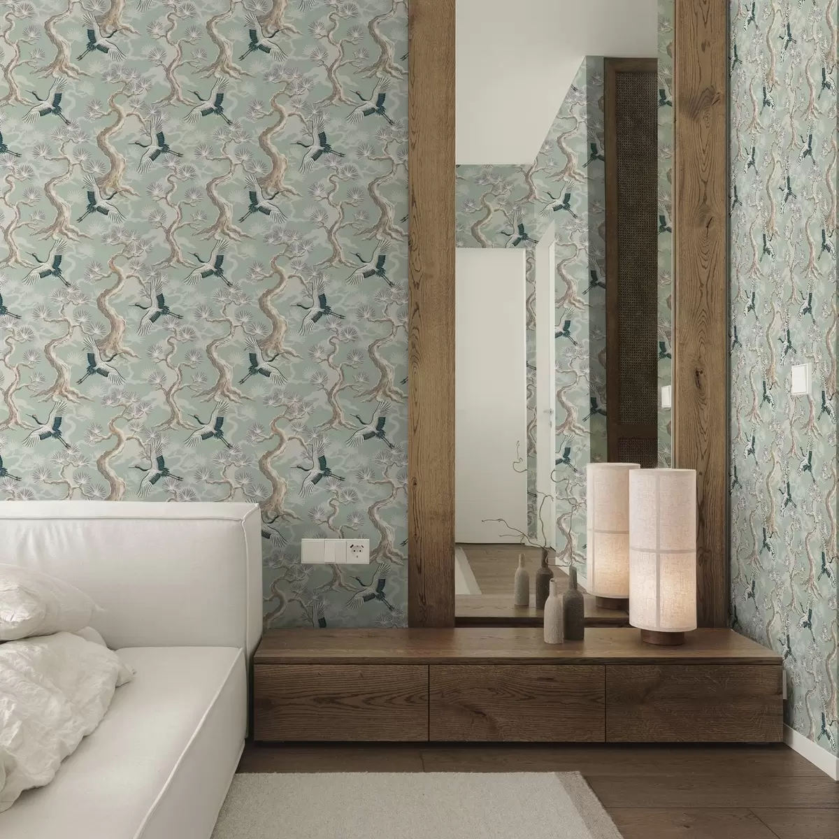 Tapeta Żurawie wśród zakrzywionych gałęzi na delikatnym tle w kolorze szałwii a01023