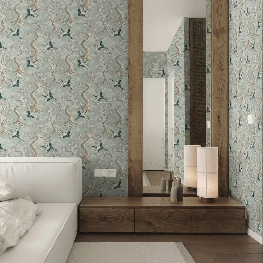 Fototapeta Żurawie wśród zakrzywionych gałęzi na delikatnym tle w kolorze szałwii a01023