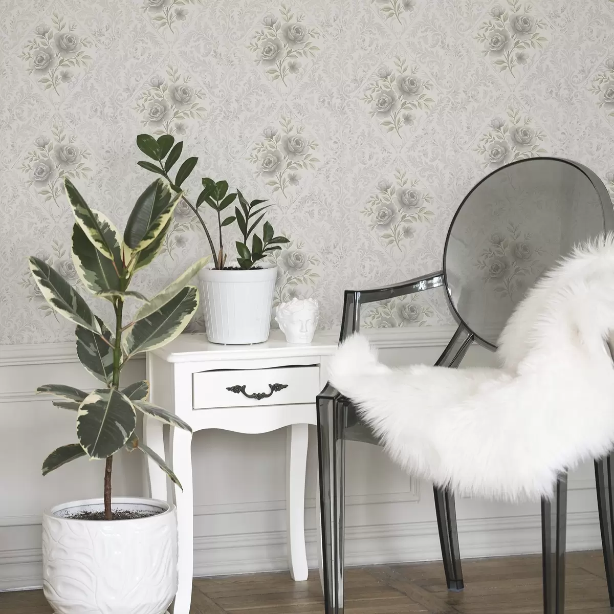 Tapeta Jasny wzór adamaszku z szarymi różami w delikatnych rombach a01024