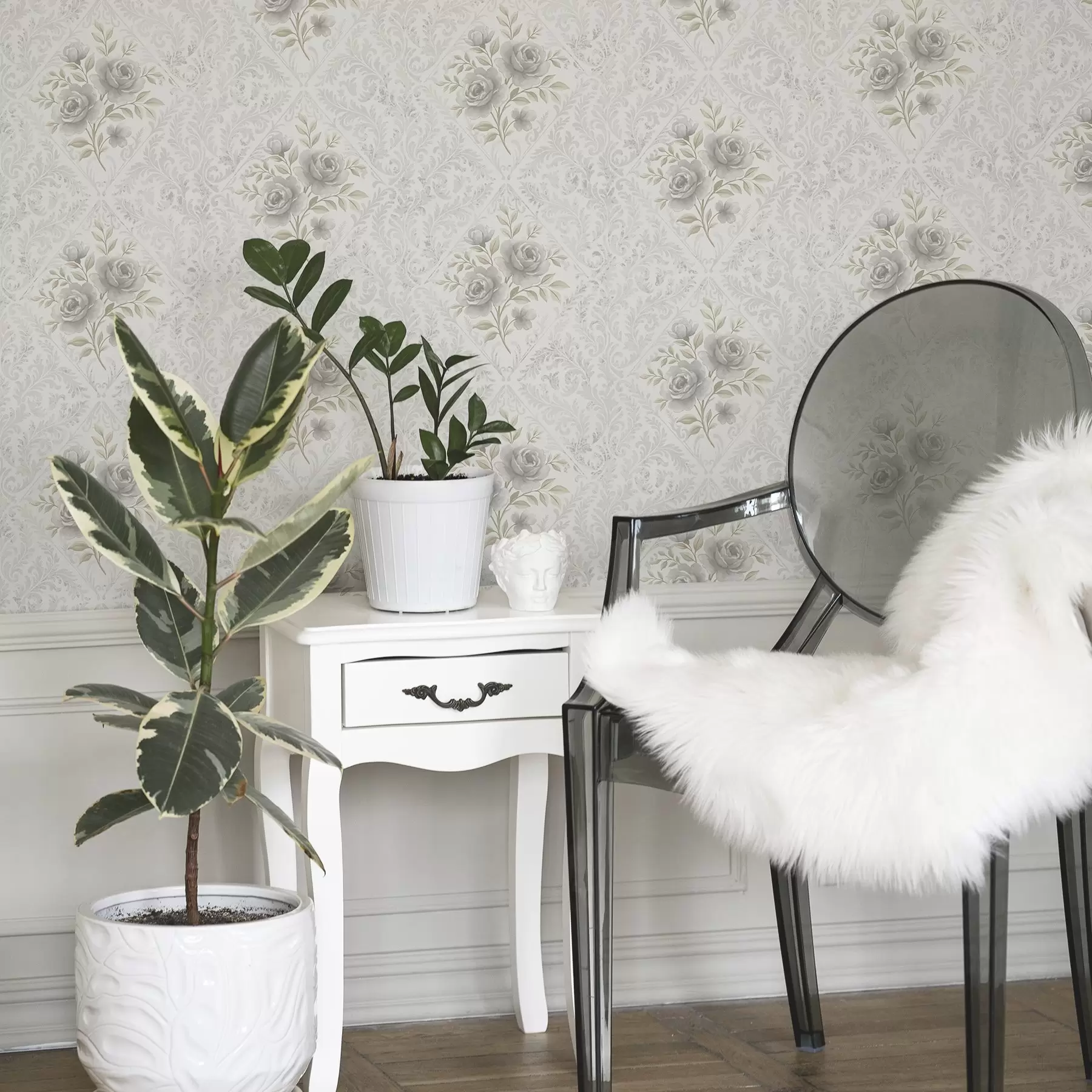 Fototapeta Jasny wzór adamaszku z szarymi różami w delikatnych rombach a01024