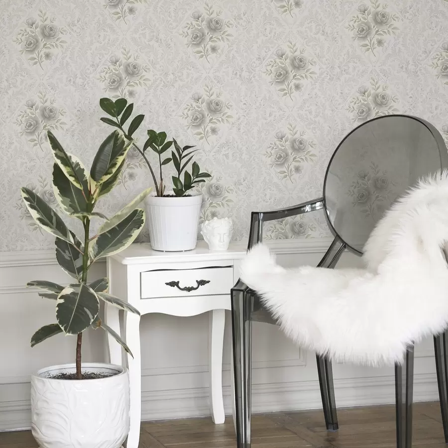 Fototapeta Jasny wzór adamaszku z szarymi różami w delikatnych rombach a01024