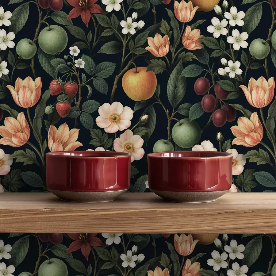 Fototapeta Ciemny ogród z kwiatami, dojrzałymi jabłkami i jagodami a01034