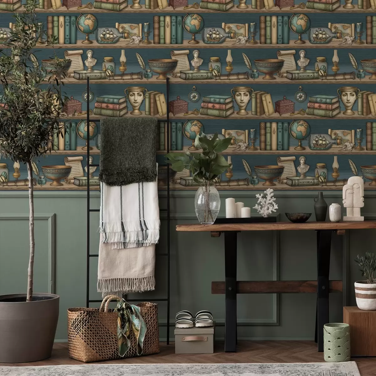 Tapeta Vintage półki z książkami, globusem i morskimi ciekawostkami a01036