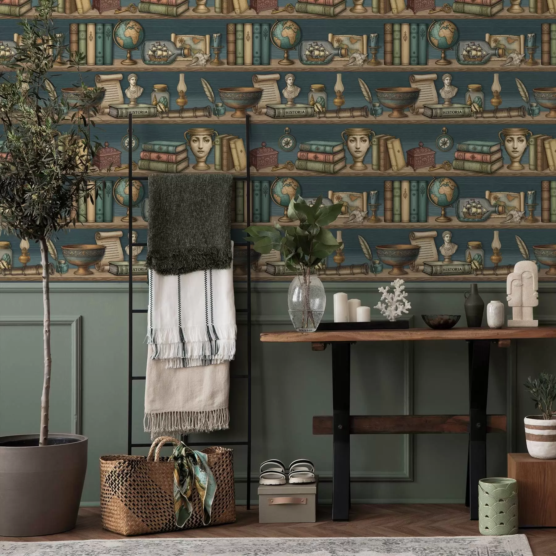 Fototapeta Vintage półki z książkami, globusem i morskimi ciekawostkami a01036