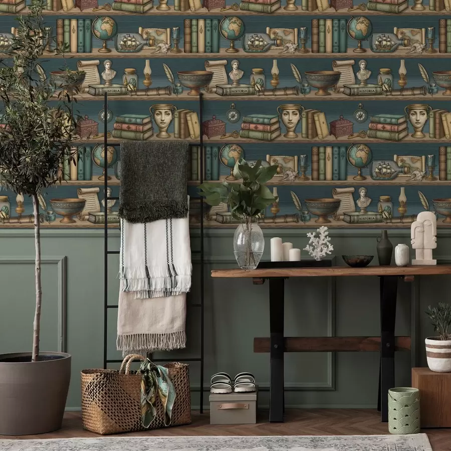 Fototapeta Vintage półki z książkami, globusem i morskimi ciekawostkami a01036