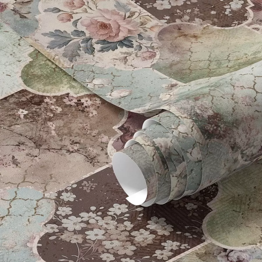 Fototapeta Mozaika z kwiatowych paneli i zużytych płytek wzorzystych a01038