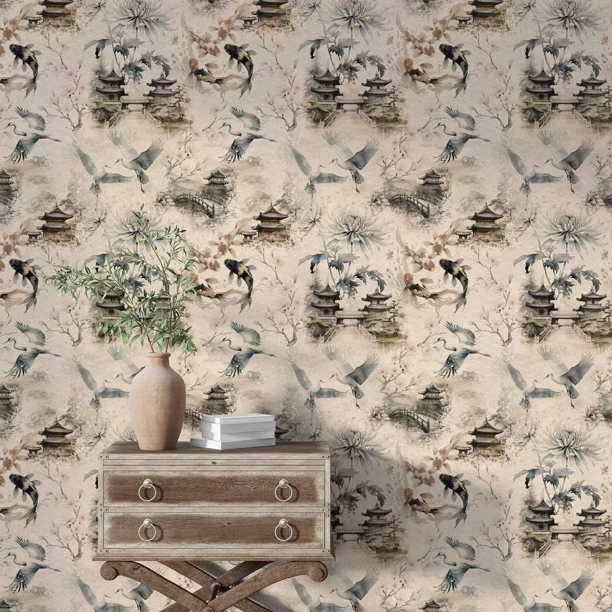 Tapeta Japońskie świątynie, karpie koi i żurawie na delikatnym tle a01040