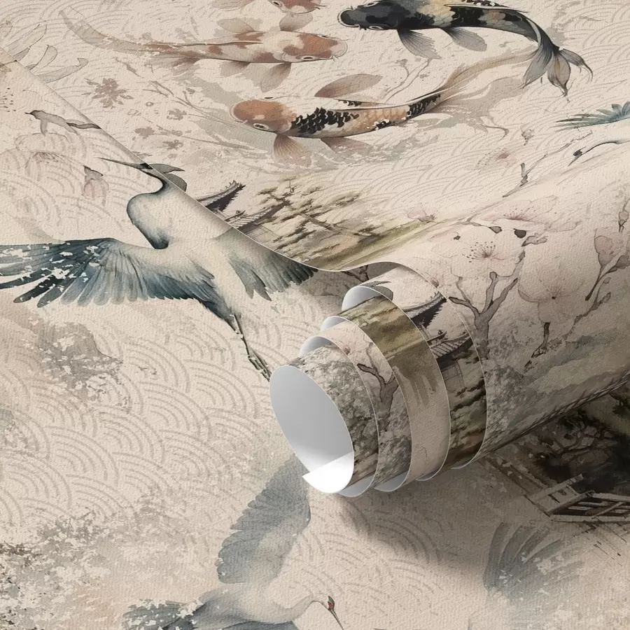 Fototapeta Japońskie świątynie, karpie koi i żurawie na delikatnym tle a01040