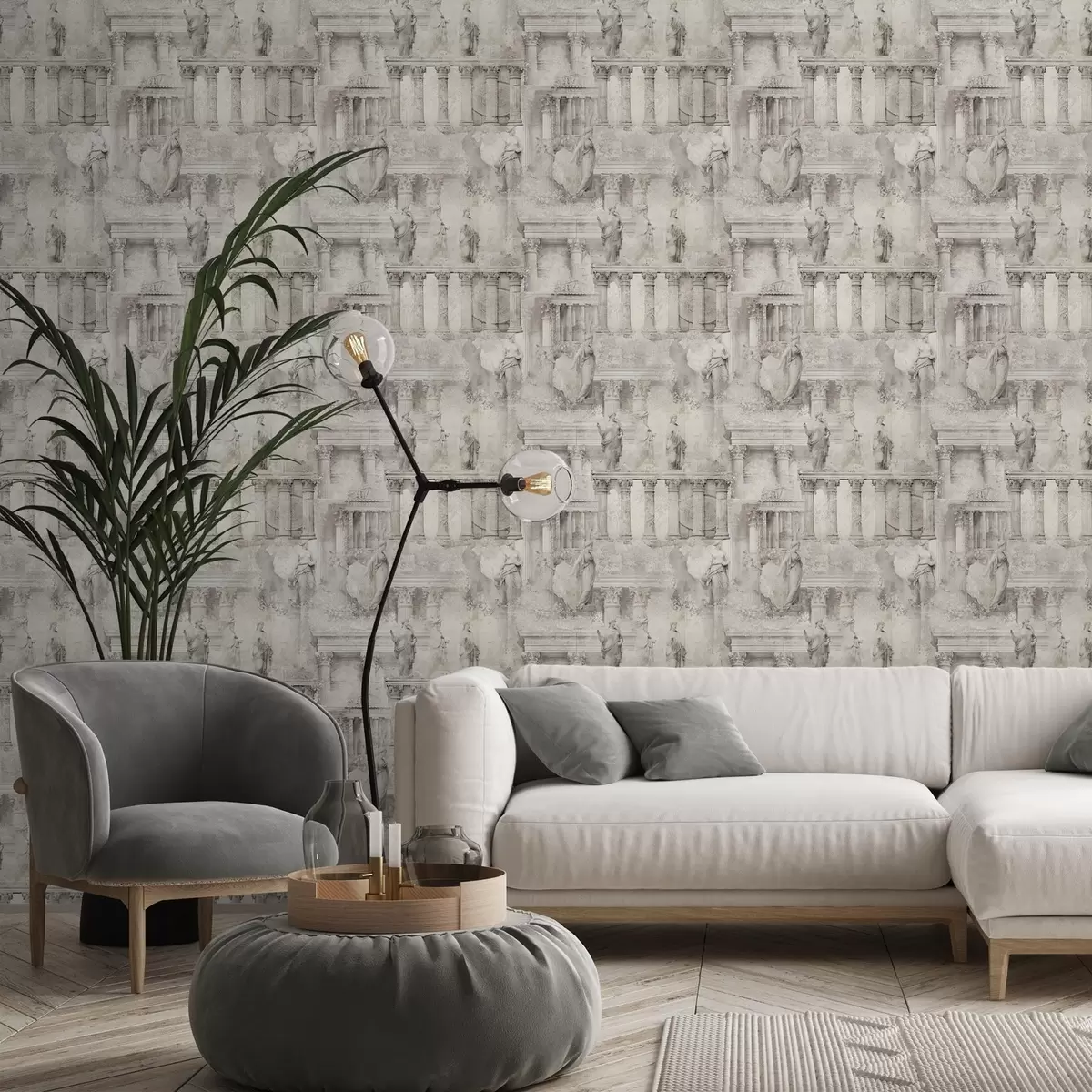 Tapeta Antyczne posągi i kolumny w delikatnych odcieniach beżowo-szarych a01041