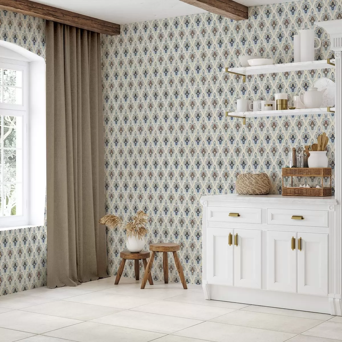 Tapeta Orientalny wzór małych płytek w niebiesko-piaskowej palecie kolorów a01044