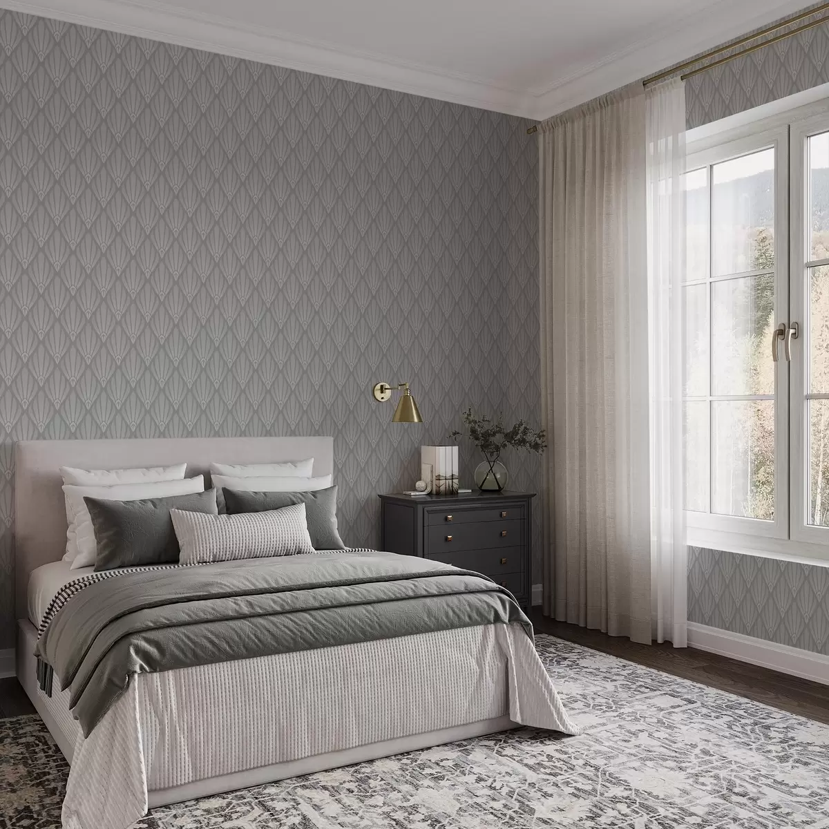 Tapeta Szary styl art déco z formami w kształcie wachlarza a01064