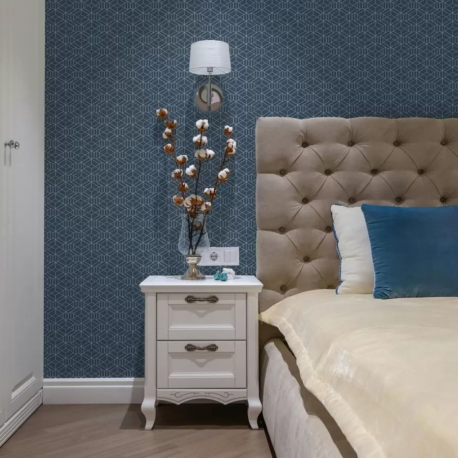 Fototapeta Niebieskie tło z białymi liniowymi sześcianami w siatce a01067v1