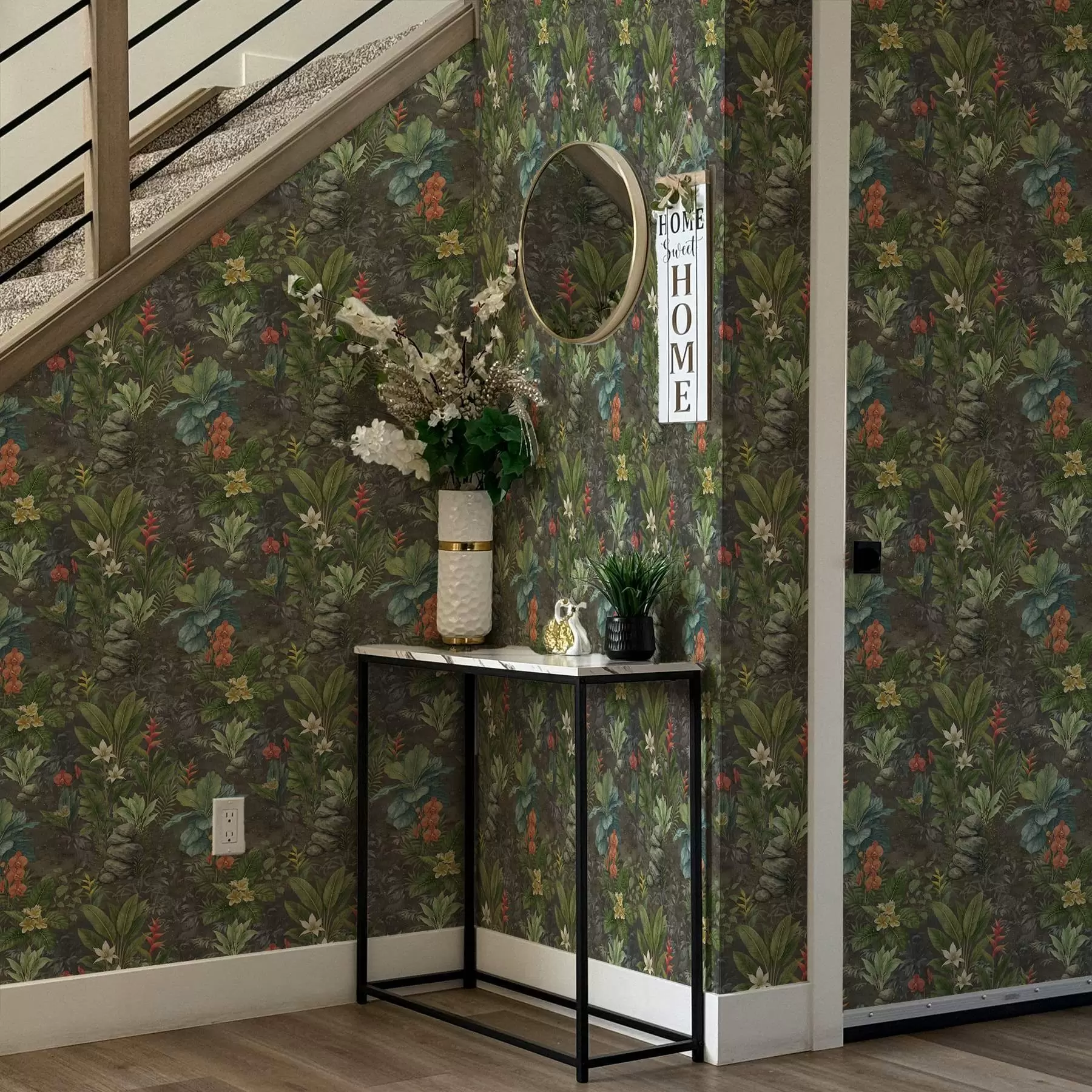 Fototapeta Ciemny tropikalny ogród z jasnymi kwiatami i liśćmi a01079