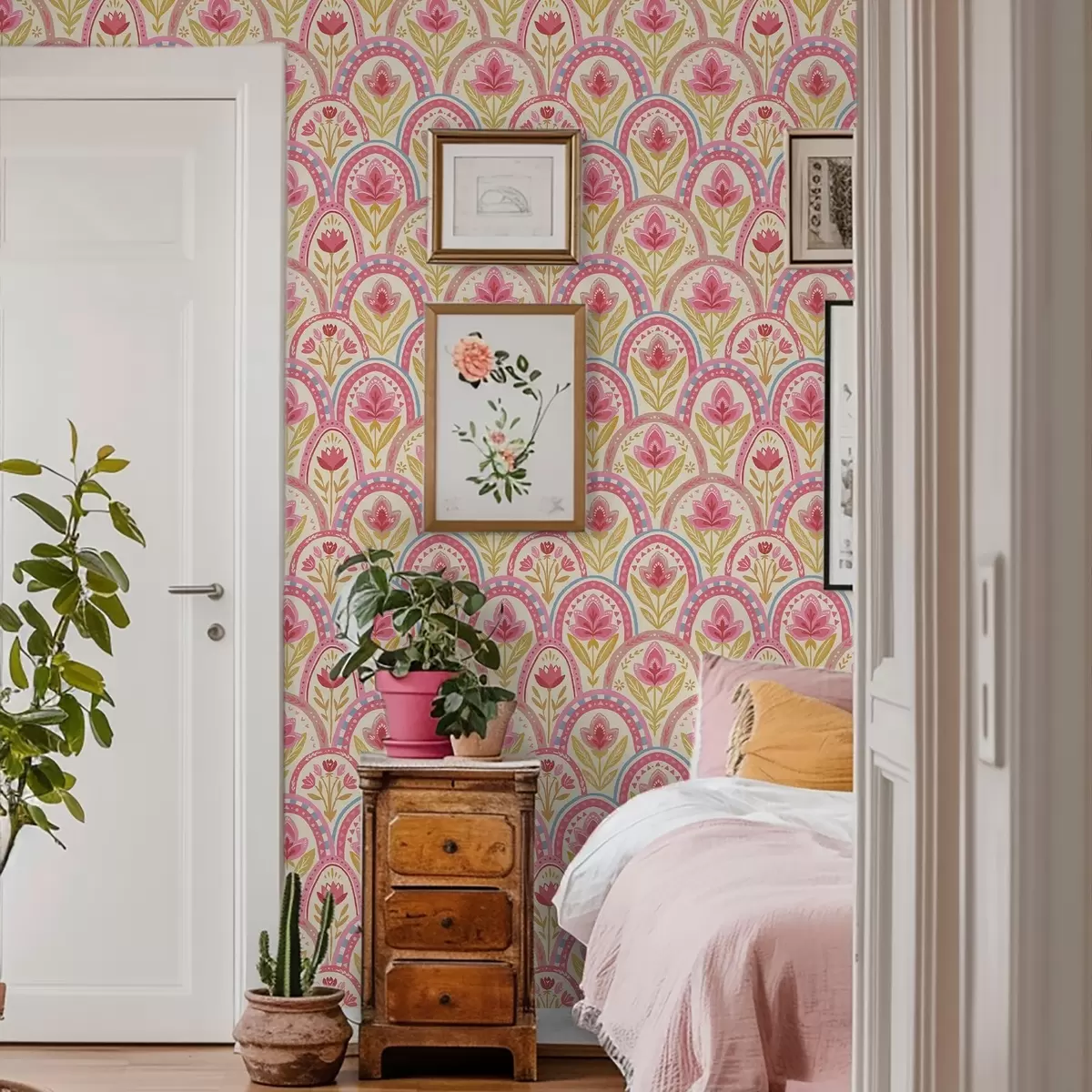 Tapeta Łuki z różowymi kwiatami w stylu ludowym a01080