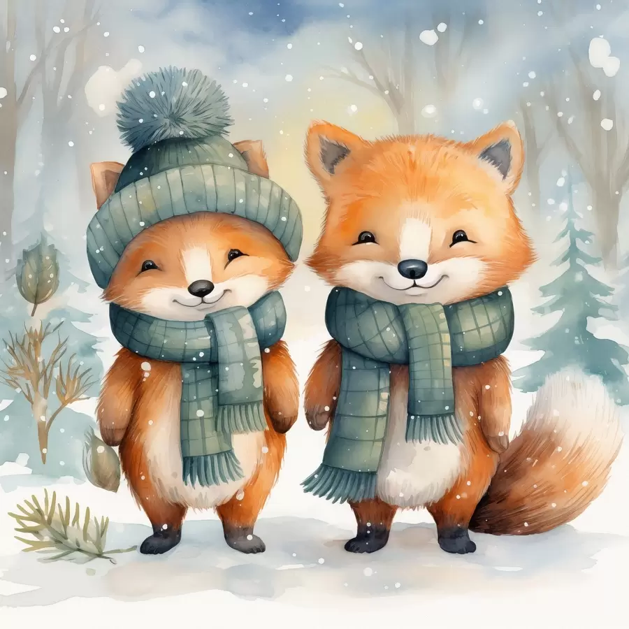 Fototapeta Dwa małe lisy, imitacja akwareli f46969