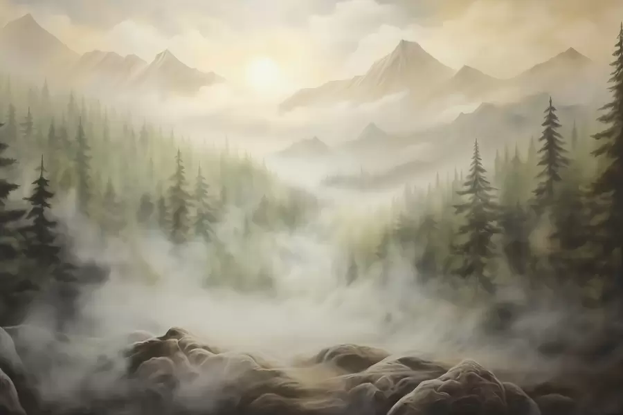 Fototapeta Las we mgle na tle gór w04730