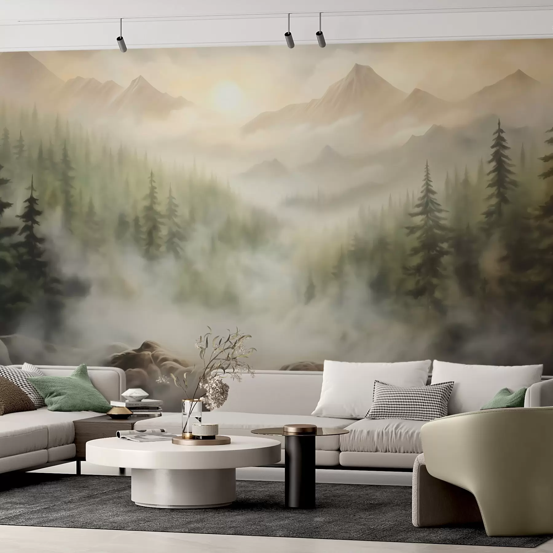 Fototapeta Las we mgle na tle gór w04730