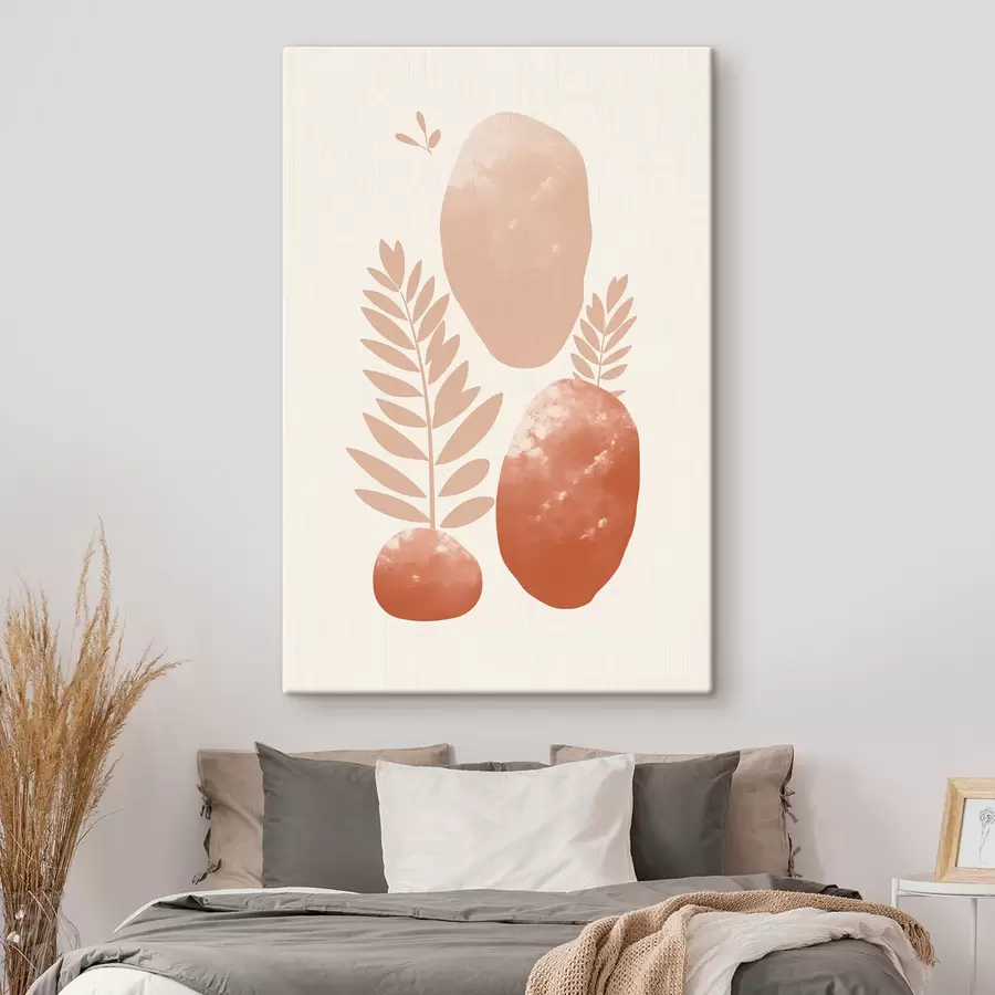 Obraz Abstrakcyjne kształty, kamienie o fakturze i liście w stonowanych odcieniach brzoskwini i terakoty, minimalistyczne, kremowe tło. s47012