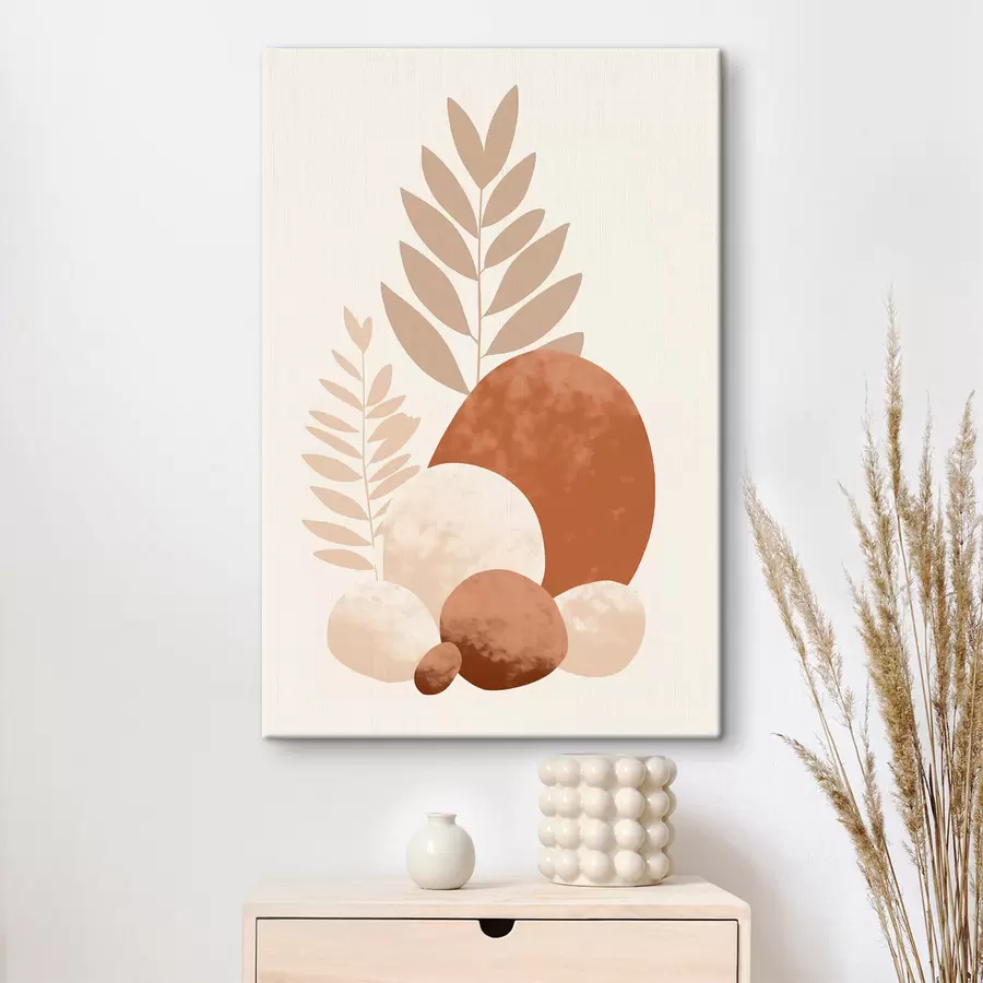 Obraz Abstrakcyjne kształty, kamienie o fakturze i liście w stonowanych odcieniach brzoskwini i terakoty, minimalistyczne, kremowe tło. s47013