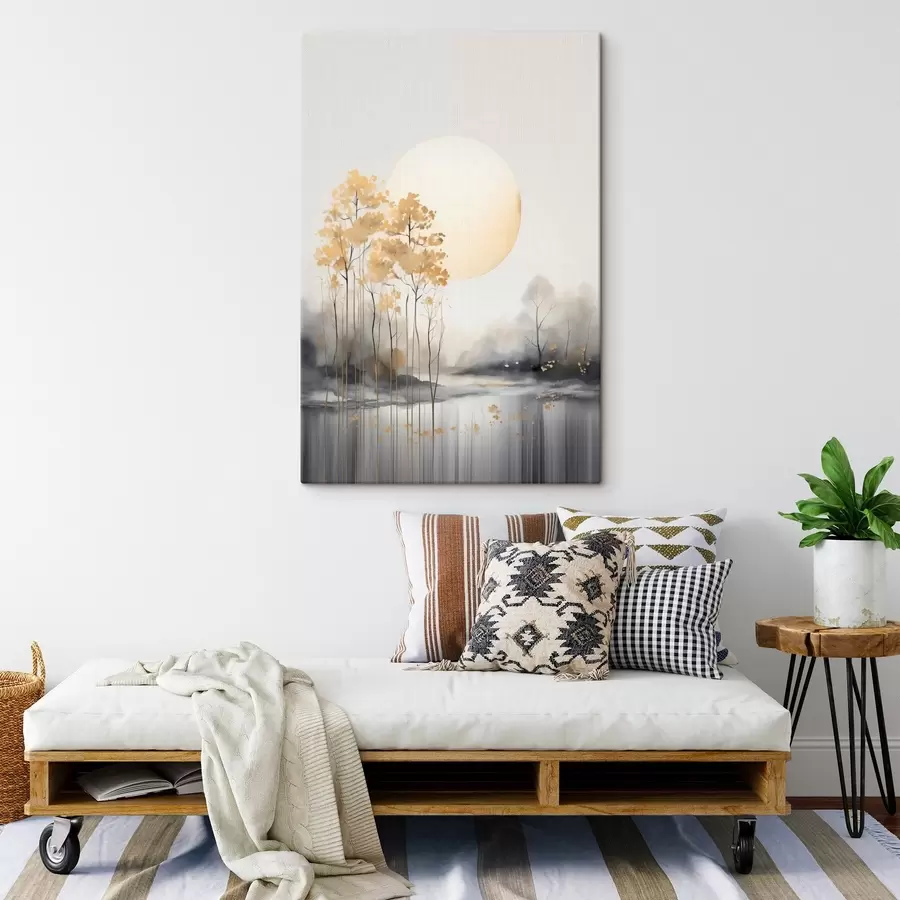 Obraz Dekoracyjny abstrakcyjny krajobraz, wysokie drzewa z żółtymi liśćmi, rzeka i mgła w tle s47014