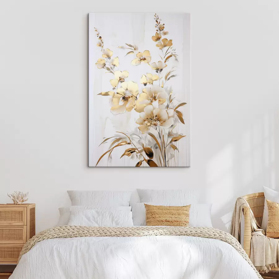 Obraz Teksturowane żółte kwiaty i liście na białym tle, z delikatnymi pociągnięciami pędzla s47016