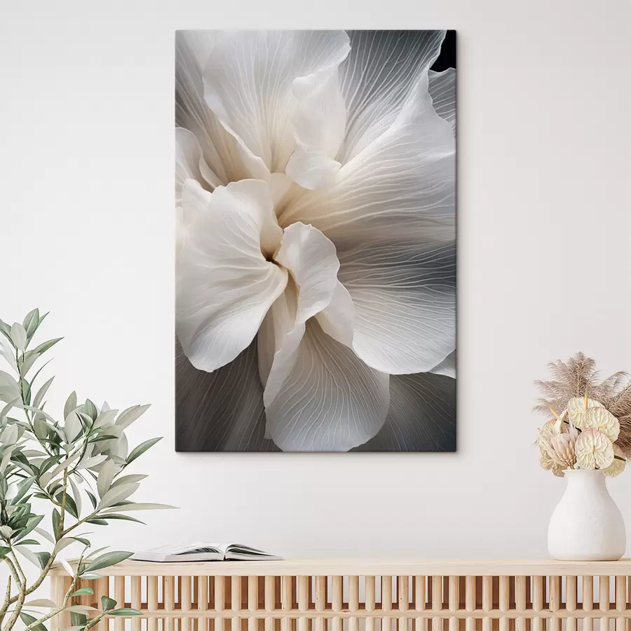 Obraz Zbliżenie na delikatne, abstrakcyjne białe płatki kwiatów o skomplikowanych liniach i zamazanym ciemnym tle. s47018