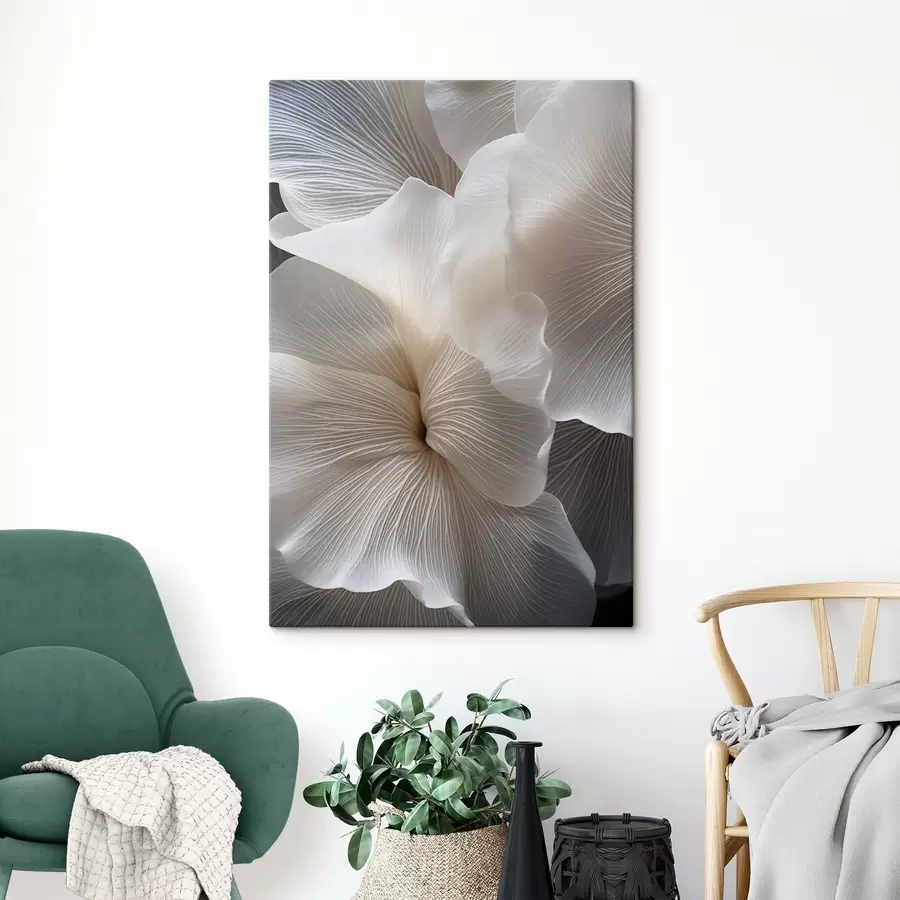 Obraz Zbliżenie na delikatne, abstrakcyjne białe płatki kwiatów o skomplikowanych liniach i zamazanym ciemnym tle. s47019