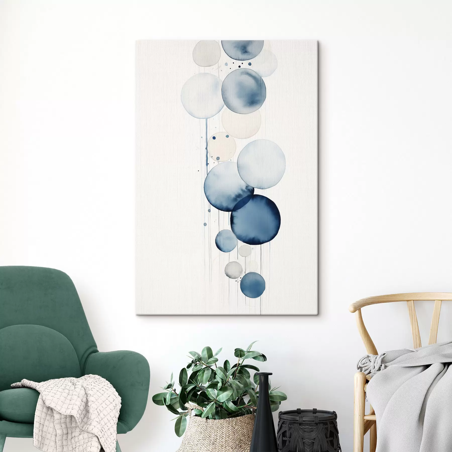 Obraz Abstrakcyjne, teksturowane niebiesko-białe koła o różnych rozmiarach, namalowane akwarelą na białym tle s47020