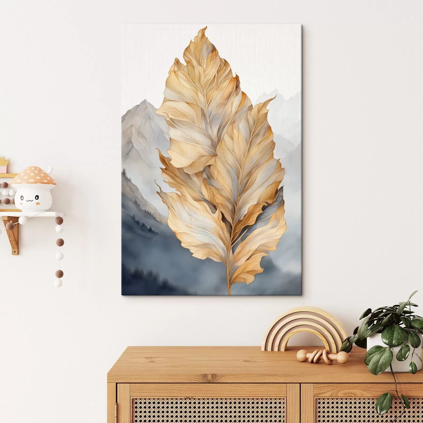 Obraz Abstrakcyjne, duże, żółte i brązowe liście o skomplikowanych szczegółach na tle górskiego krajobrazu s47022